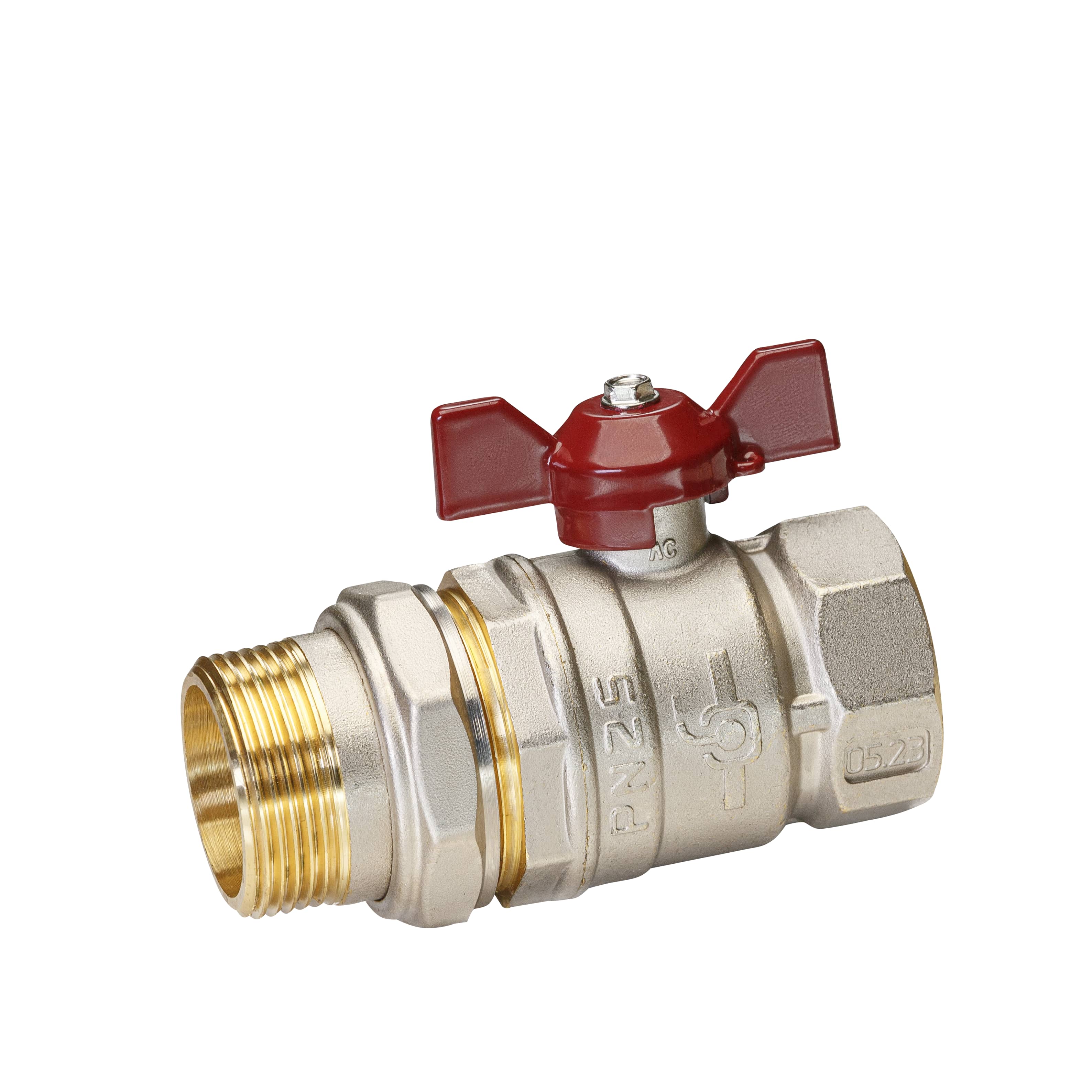 Кран шаровой латунный никель Temper Ду 32 (1 1/4”) PN25, ВН/НР американка, бабочка 8832ВАБ11425 арт.1302077, марка Ру25
